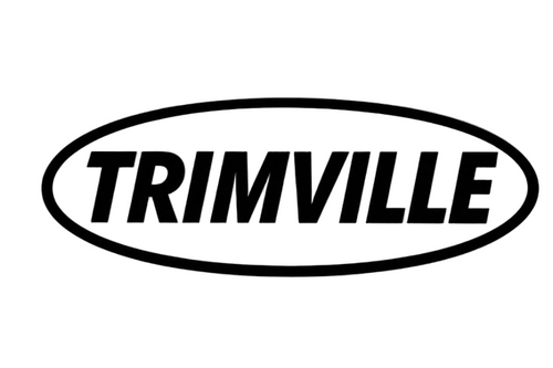 A black oval Trimville logo with the brand name 'TRIMVILLE' in bold black letters on a white background, centered between two thick black bars.